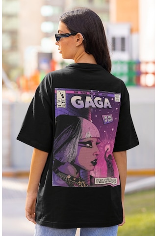 Sevbano Tasarım Lady Gaga Sırt Baskılı Unisex Oversize Şarkıcı Tişört Siyah