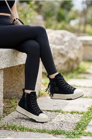 Shoetek Lissa Kadın Spor Bot Bağcıklı Yandan Saçaklı Hakiki Deri Siyah Süet