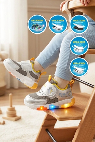 Cool Gümüş Cırtlı Fileli Işıklı Bebek Spor Ayakkabı Kieran B