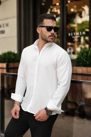Veraura Lifestyle Erkek Uzun Kollu Beyaz Düğmeli Pera Keten Gömlek