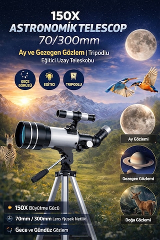 150x Astronomik Teleskop 70/300mm Ay Ve Gezegen Gözlem, Tripodlu Gece Görüşlü Uzay Teleskobu