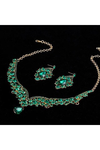 Yeşil 1 Takım Gelin Küpe Kolye Su Damlası Şeklinde Rhinestones Takı Geometrik Ayarlanabilir Takı Seti Düğün İçin Yeşil