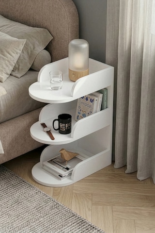 Komodin Modern Ahşap 3 Katlı Raflı Yan Sehpa Çok Amaçlı Organizer Kitaplık 180 Atlantik Çam Beyaz