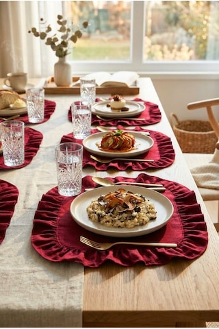 Pamuklu Fırfırlı Kare Supla 6'lı Set Amerikan Servis 33 Cm Supla Bordo