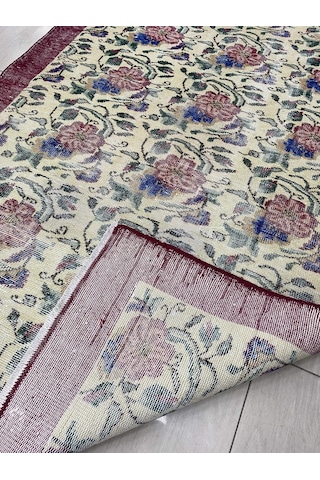 El Dokuma Eskitme 145X240 Kırmızı Mavi Güllü Vintage Yün Halı ! Kırmızı