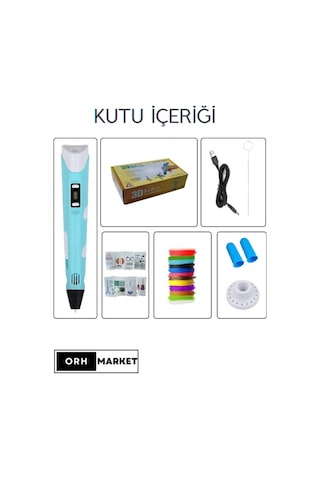 Mavi 3D Kalem 3D Pen Yazıcı Kalem – 10 Adet 5 Metrelik PLA Filament (Toplam 50M) + USB Kablo