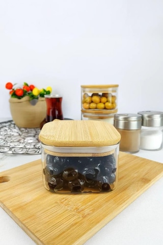 Duo 400 Ml Bambu Kapaklı Kare Borosilikat Cam Kase - 1 Adet Bambu