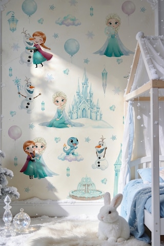 Karlar Ülkesi Temalı Duvar Sticker Seti 84 Parça Elsa, Anna, Olaf Buz Şatosu Çocuk Odası Sticker Dijital Baskı