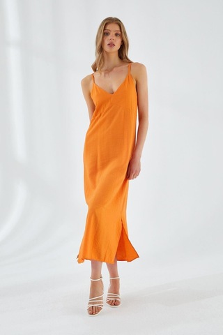 4252 Kadın İp Askılı V Yaka Elbise Turuncu Turuncu