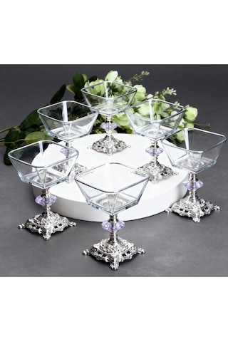 Çnr Home Collection Kare 6 Parça Döküm Ayakli Sunum Seti Magnolia Dondurmalik Cup Çerezlik Gümüş