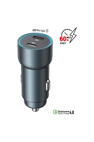 Lexroo Araç Şarj Aleti Çakmaklık 60w Lightning Ve Type-c Çift Portlu Standart