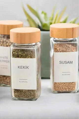 12li Bambu Baharatlık Seti Kapaklı Cam Etiket Hediyeli Bambu