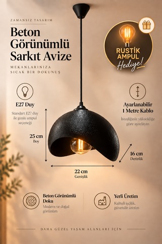 Beton Görünümlü Tekli Sarkıt Avize Dokulu Modern Bohem İskandinav Salon Mutfak G95 Rustik Led Ampul Hediyeli Siyah