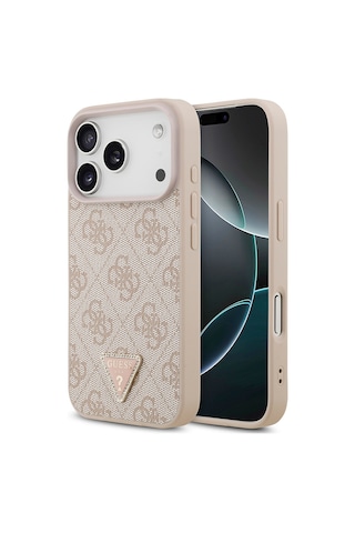 Apple iPhone Uyumlu 18 Pro Kılıf Guess Lisanslı M-safeli Pu Deri Taşlı Üçgen Logo 4g Desenli Strass Kapak Pembe