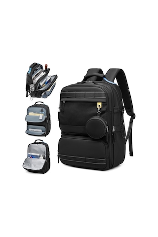 Su Geçirmez Seyahat Sırt Çantası - 17" İnç Laptop Bölmeli - Kuru Islak Ayırma Bölgesi - Ortopedik Siyah