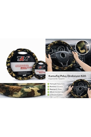 Kamuflaj Peluş Direksiyon Kılıfı -38 Cm -ergonomik Tasarım Çok Renkli