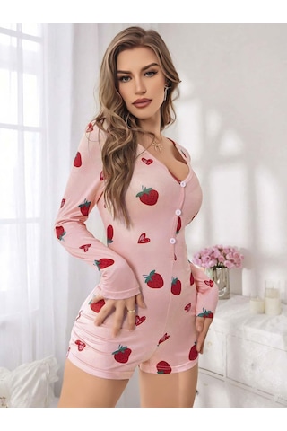 Fantezia Kadın Pembe Çilek Desenli Pijama Tulumu 5125
