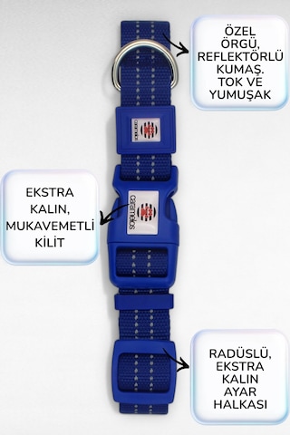 Caramelos Reflektörlü Köpek Tasması, Kişiye Özel Köpek Tasması. Büyük Ive Orta Irk Köpek Tasması Lcv Lacivert