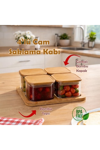 Tr Hf009009 Kare 4lü Hava Geçirmez Bambu Standlı Cam Kahvaltılık Seti Bambu Kapaklı Saklama Kabı 250ml Diğer
