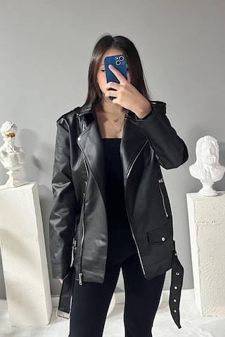 Prifaldi Uzun Oversize Kadın Siyah Deri Ceket