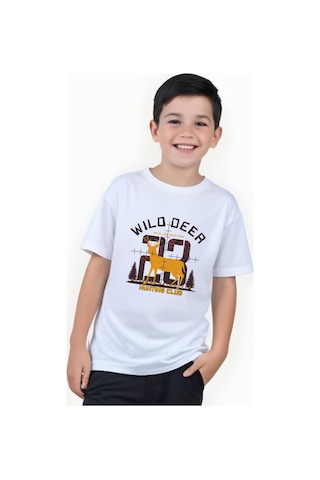 Panios Kids Hunting Club Baskılı Erkek Çocuk Yuvarlak Yaka Kısa Kollu T-shirt Beyaz