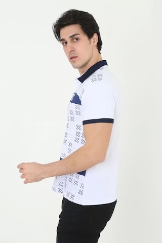 Erkek Yakalı Slim Fit Baskılı T-shirt - Beyaz Beyaz