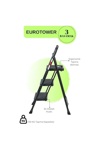 Eurotower 3 Basamak Özel Tasarım Geniş Basamaklı Siyah Merdiven 3+1