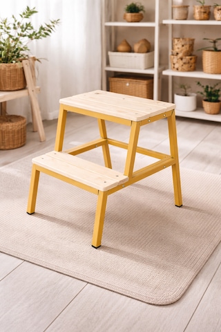 Ecowood Basamaklı Metal Tabure Bambu - Krem