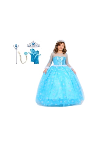 Prenses Elsa Kostümü Uzun Kollu Elsa 1-12yaş Taç-saç-asa-eldiven Mavi