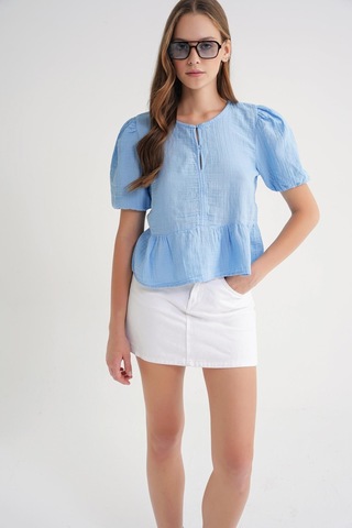 4713 Kadın Beli Büzgülü Kolu Lastikli Bol Müslin Bluz Bebe Mavi Bebe Mavi