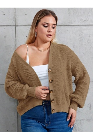 Defymoda Kadın Beş Düğme Büyük Beden Triko Hırka Kahve