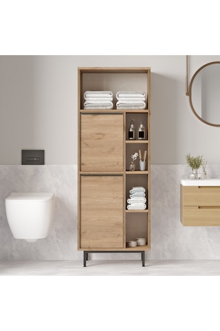 Lidya Banyo Dolabı Çok Amaçlı Dolap 2 Kapaklı Metal Ayaklı Sepet Kahverengi