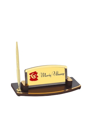 Türk Bayrağı Detaylı Lüks Ahşap Masa İsimliği Gold Kalem Setli Masaüstü İsimlik Kahverengi