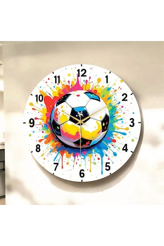 AA Shop Futbol Top Renkli Baskı Desenli Sayılı Hediyelik Ahşap Sessiz Tablo Duvar Saati 109 Renkli