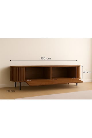 Linea 180 Lik Ovalli Çıtalı 2 Kapaklı Tv Ünitesi Ceviz Detaylı, 180 Cm, Duvara Monte Edilebilir Beyaz