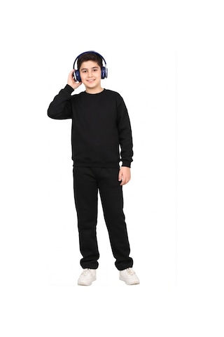 Erdem Kıds Unisex Kız-erkek Çocuk 3 İplik Şardonlu Pamuklu Basic Bisiklet Yaka Okul Eşofman Takımı Siyah Siyah