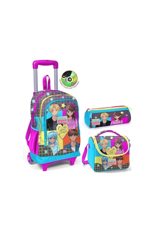 Coral High Mavi Pembe Anime Çekçek Okul Çantası Seti - Işıklı Tekerlekler - Kız Çocuk