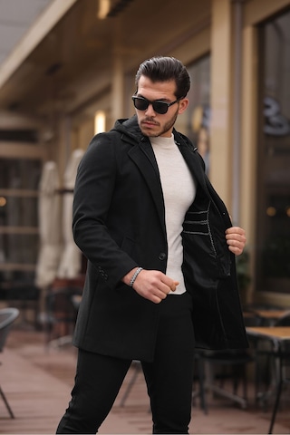 Mero Life Erkek Siyah Yün Karışımlı Kaşe Kapüşonlu Önü Fermuarlı Ve Düğmeli Kaban Siyah