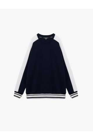Koton Pamuklu Renk Kontrastlı Uzun Kollu Bisiklet Yaka Sweatshirt Lacivert 7wam70047mk