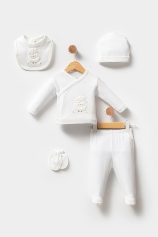 Bebitof %100 Pamuk Kuzu Desenli 5 Parça Yenidoğan Hastane Çıkışı Zıbın Seti Bbtf.ekr.20128 Ekru