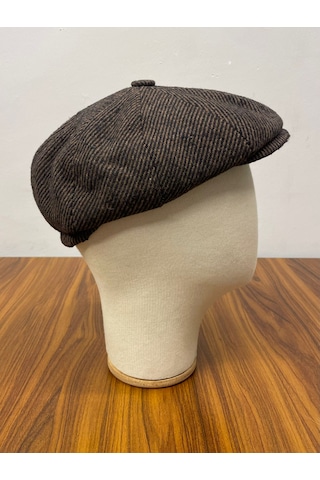 Hamze Peaky Blinders Model İngiliz Tarz Kaşe Kumaş Çizgili Kasket Şapka Kahverengi