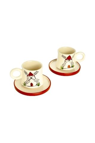 2 Li Takım Değirmen Desenli El Yapımı Kazan Seramik Kahve Fincanı, Kahve Fincanı, Hand Made Beyaz