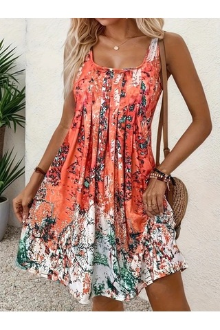 Kadın Sıfır Kollu Kare Yaka Önden Pileli Salaş Süprem Elbise Desenli