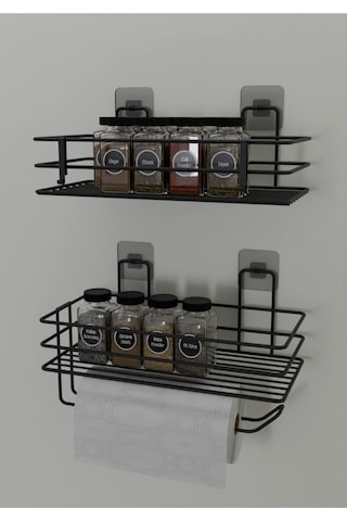 Güçlü Yapışkanlı Baharatlık 2 Li Metal Kağıt Havluluk Siyah Baharat Standı Mutfak Rafı Renkli