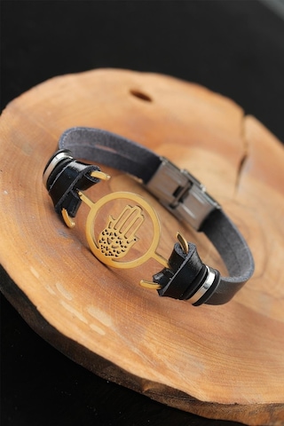 Gold Renk Metal Fatma Ana Eli Tasarım Siyah Renk Deri Erkek Bilek Çok Renkli