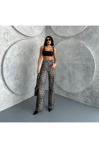 Zeo Basic Wide-leg Pantolon Leopar Desnli Bej Bej