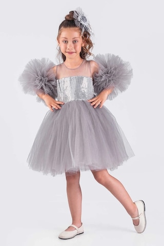 Kız Çocuk Abiye Elbise Ponpon Kol Pul Payetli Tütülü Gri