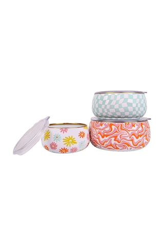 Emaylab Retro Hippi 3' Lü Emaye Tombul Saklama Kabı Takımı-6 Parç Çok Renkli