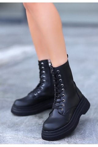 Rxn Siyah Cilt Bağcıklı Suni Deri Yandan Fermuarlı İçi Pedli Bot Siyah