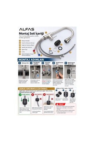Alfas Spiralli Mutfak Eviye Bataryası İnox 3 Buton Fonksiyonel Yağmurlama Basınçlı 304 Çelik Inox
